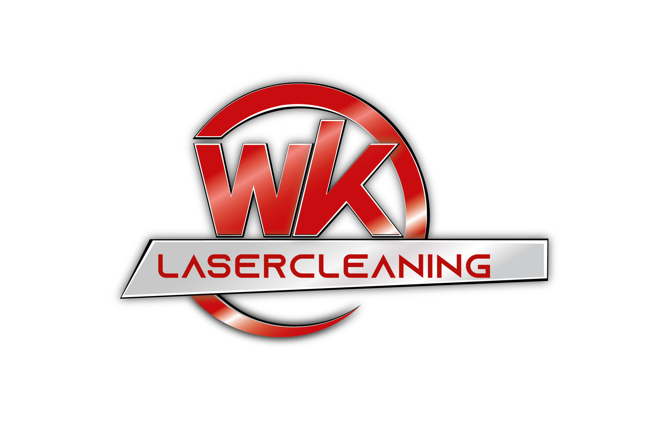 logo van wk lasercleaning. WK in rode dikke letters, lasercleaning nin rood geschreven op zilver metaal